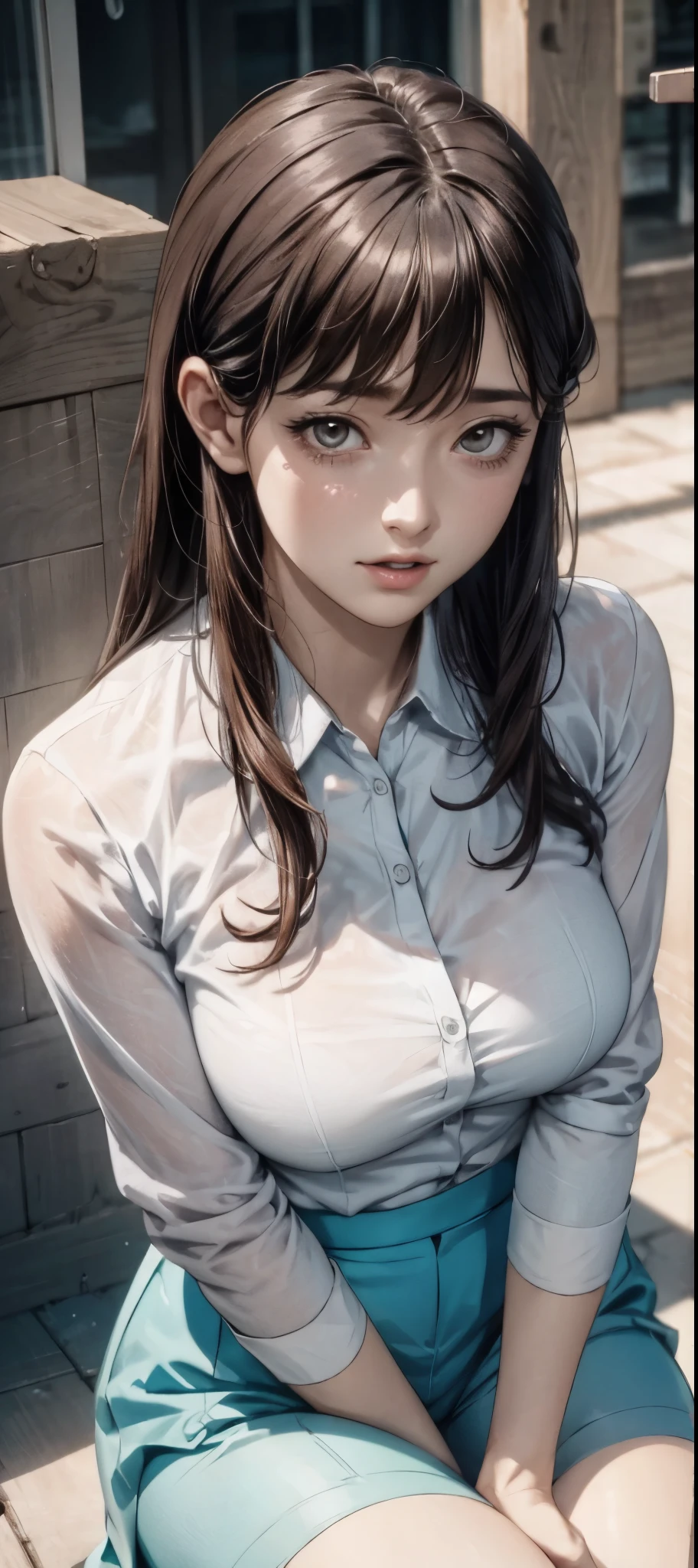 girl in summer clothes, white blouse, light blue shorts, pantyhose or long stockings, making like she wants to kiss you, view from viewer, medium breasts, cleavage, random background, flirtatious look, ((very detailed)), (perfectly detailed face), (well detailed hand) photorealistic image, ahegao