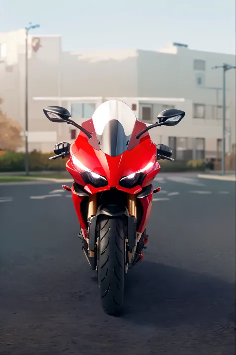 there is a red motorcycle parked in a parking lot, cinematic front shot, closeup portrait shot, front perspective, portrait shot, front view dramatic, front profile shot, huge ducati panigrale motorbike, mid shot portrait, closeup shot, front shot, hyper r...
