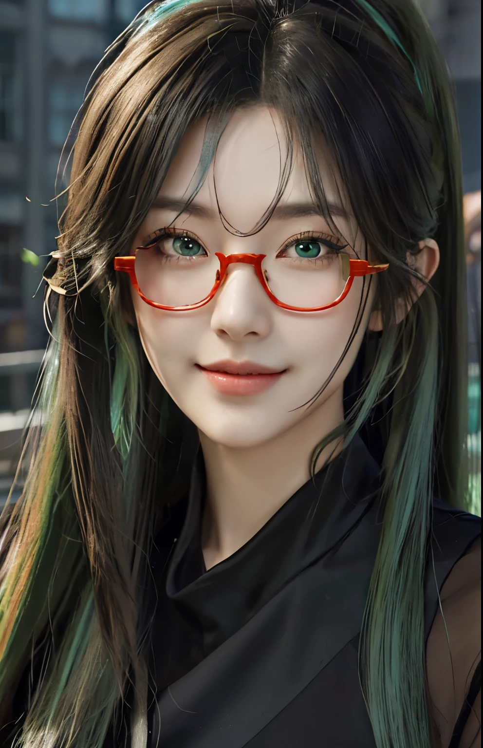 a close up of a woman with long hair wearing a black dress, Beautiful anime portrait, Stunning facial portraits, Detailed portrait of the girl, portrait girl, guweiz style artwork, anime style. 8k, Realistic art style, Smooth CG art, Style 4 K, Digital anime illustration, beautiful girl, Portrait of an animated girl，Long ponytail hairstyle，Black hair and green hair, Good-looking hair accessories, light green eyes，big eyes，Wearing red glasses，half rim glasses，Smile