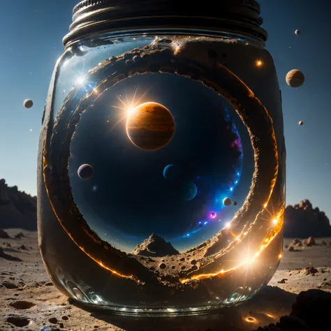 (An intricate mini-solar-system tucked inside a square glass jar with lid), macro photography in close-up, (Sun, Jupiter, Saturn...