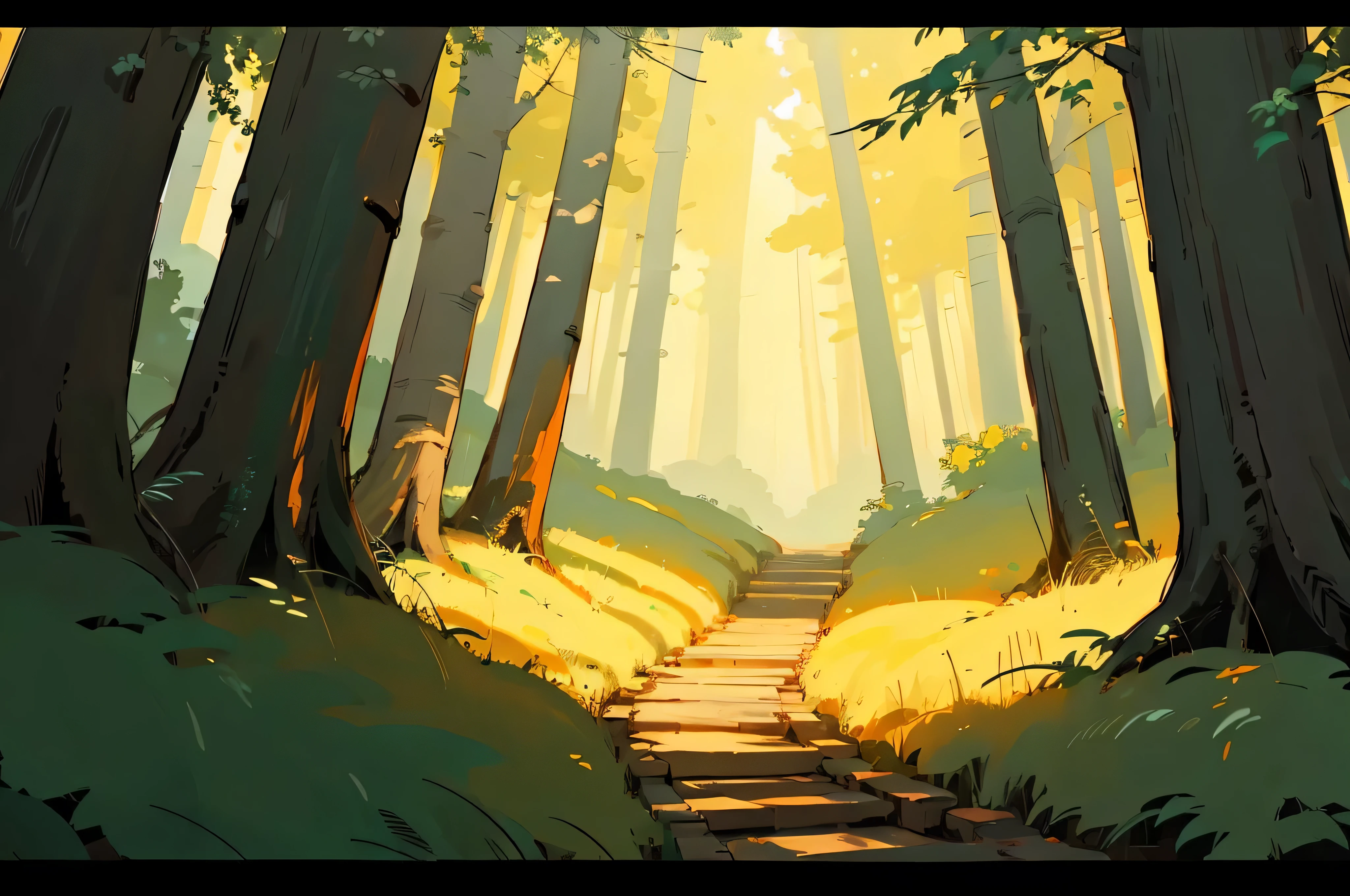 Ghibli-Hintergrundstil, Wald, Helle Farben, immersive Atmosphäre, Anime-Stil, Sanftes Licht, keine Charaktere, Nur Hintergrund