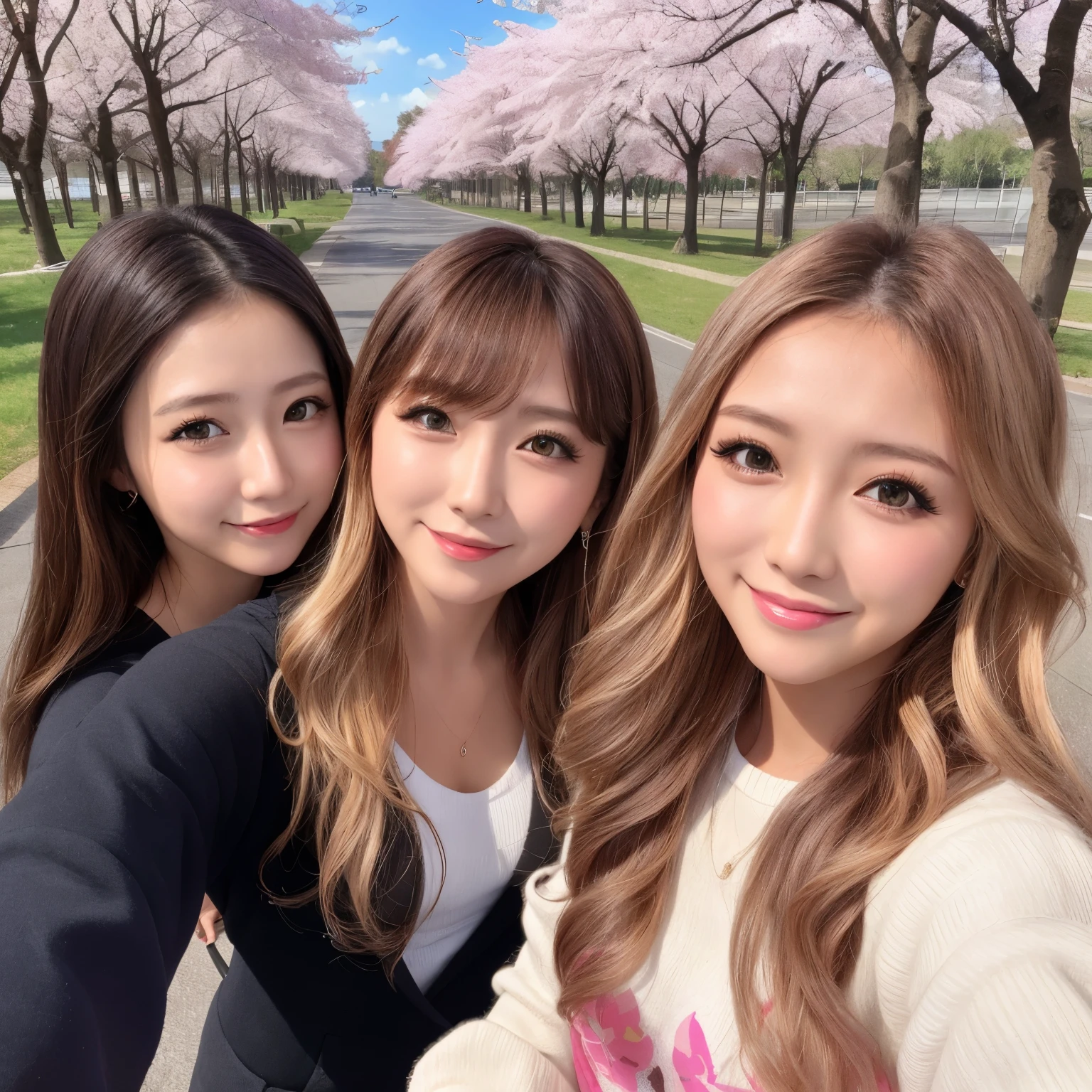 Tres chicas tomándose un selfie en un parque con cerezos - SeaArt AI