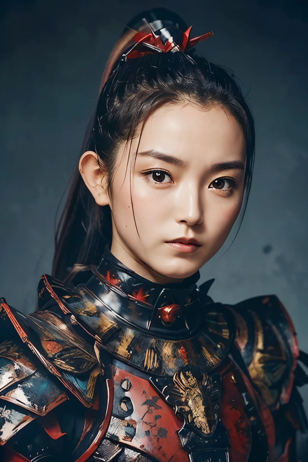 (최상의 품질:1.2),(완벽한 아름다운 얼굴 1.2),(완벽하고 아름다운 자세:1.2),(여전사:1.2),검은색 포니테일 머리,맑은 눈,아름다운 빨간색과 검은 색 갑옷,깊은 일본인 얼굴 특징
