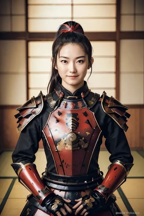 (highest quality:1.2),(perfect beautiful face 1.2),(perfect and beautiful posture:1.2),(Japanese female warrior:1.2),black ponytail hair,clear eyes,beautiful red and black armor,Moat's deep face,thick eyebrows, smile