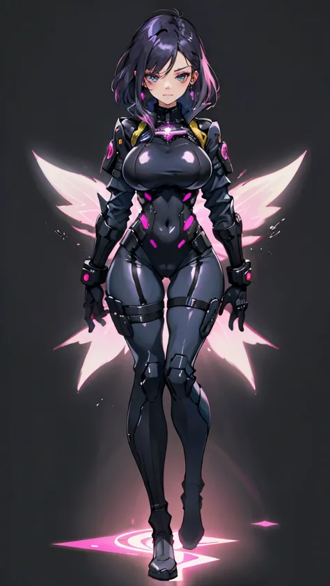 (best quality) an anime picture of a woman ((in a floating pose)) with purple hair and Blue eyes wearing a skin-tight (Cyberpunk suit) that is (((white with pink lace details and black accents))), curvy hourglass figure, realistic shaded perfect body, perf...