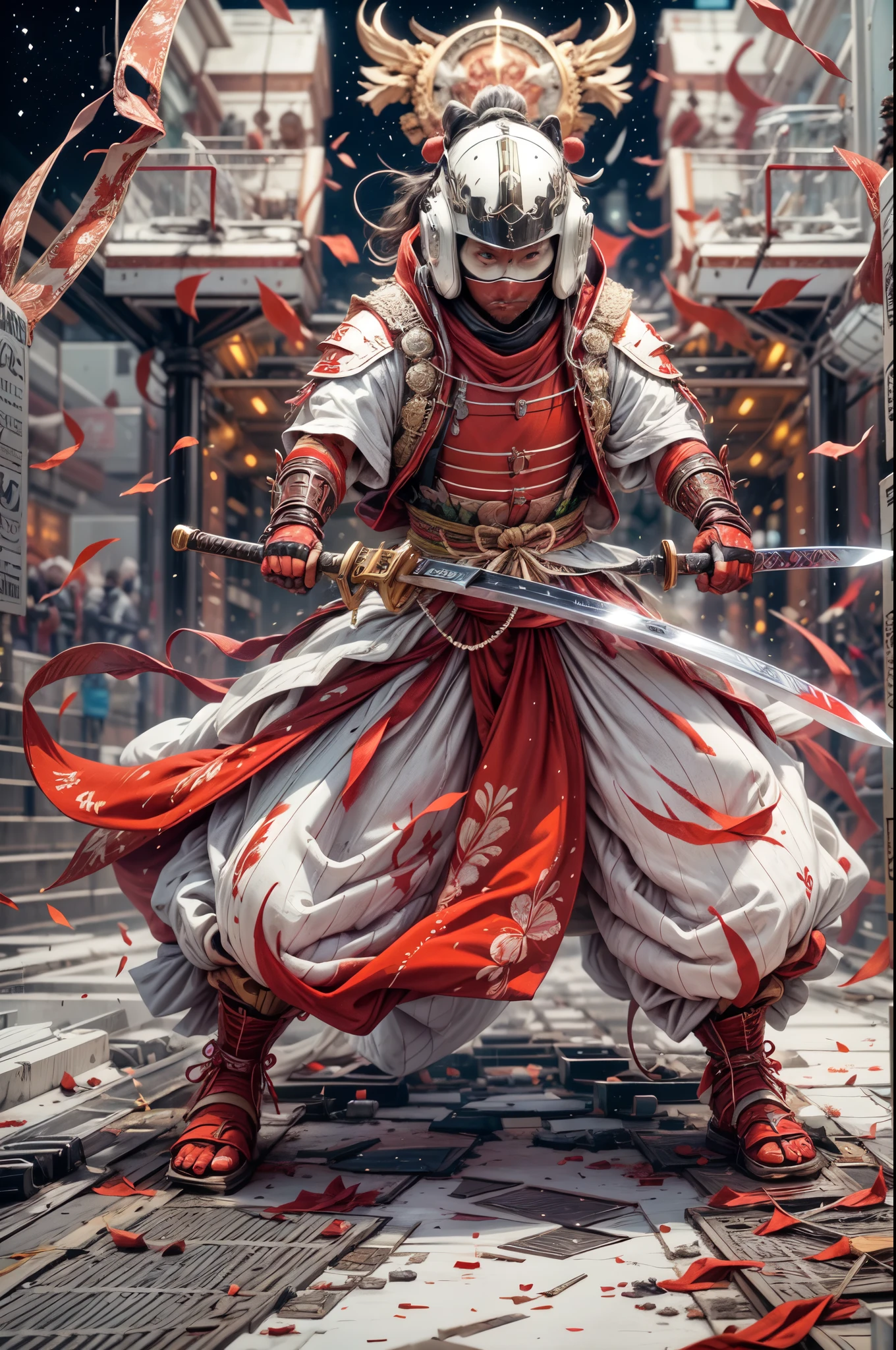 japanese samurai，samurai armor，red white，With a huge knife，fighting stance，katana focus，space city background，