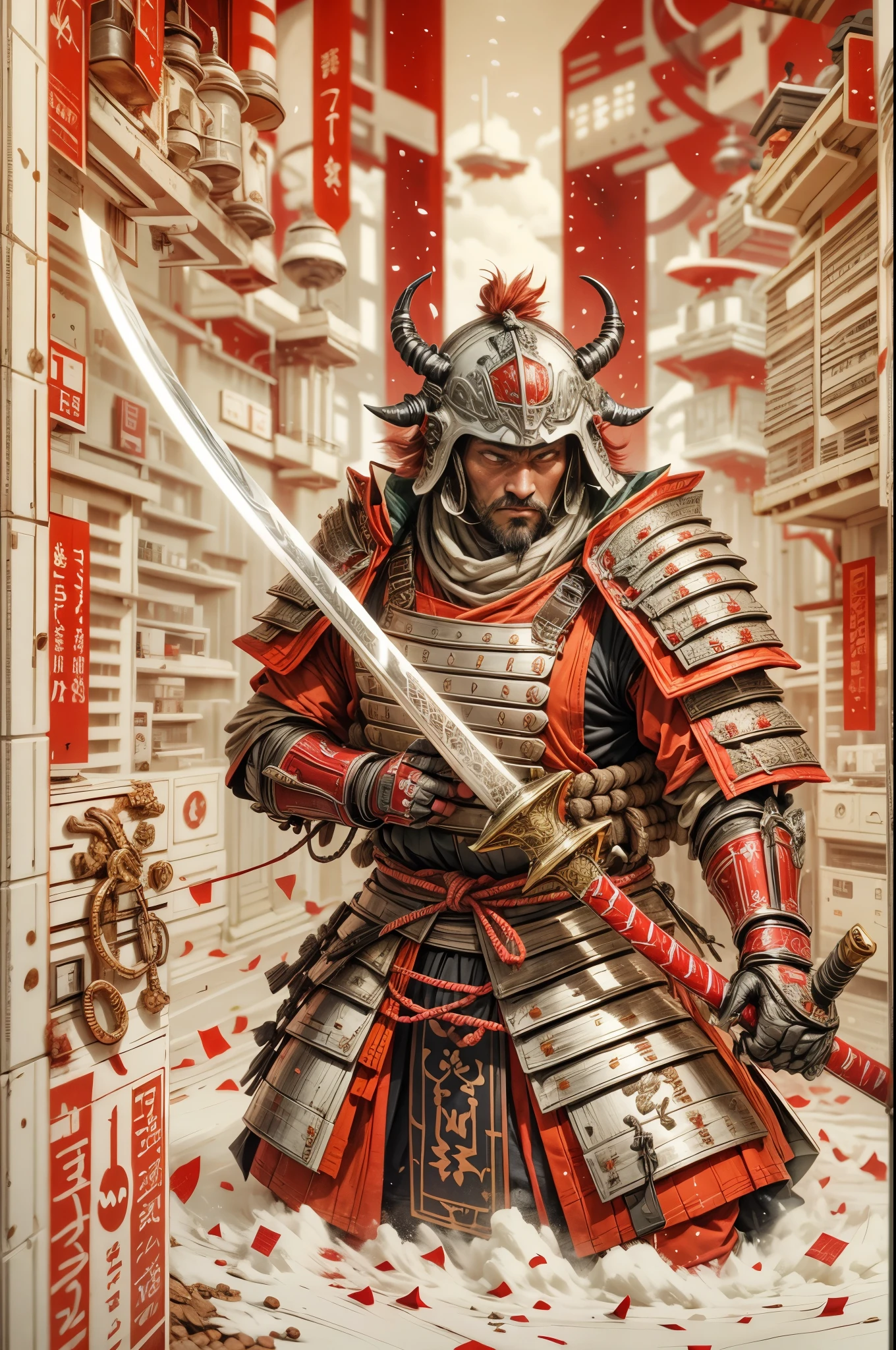 japanese samurai，samurai armor，red white，With a huge knife，fighting stance，katana focus，space city background，