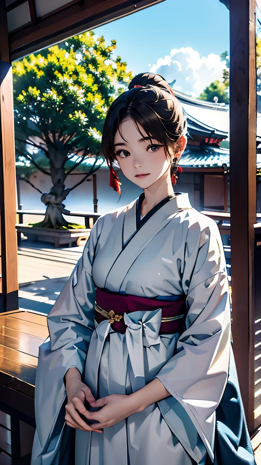 (((Setzen Sie sich auf die Veranda eines alten japanischen Hauses、Bonsai wird im Garten ausgestellt:1.1)))、Ein Mädchen、Perfekte Anatomie、malerisch、Sanfter Ausdruck、sehr empfindlich、Balkon、verandah、Blumen-、Feine Darstellung、abstrakt、Gesamtlichtfarbe、Sanfte Farbe、Japanische Kleidung、sowie、Taisho-Romanze、(Meisterwerk、höchste Qualität、höchste Qualität、offizielle Kunst、schön schön:1.2)