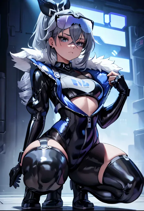 5 8K UHD、Silver-haired and small-nosed beauty in a black shiny black full-body rider suit wearing glasses squatting with her cro...