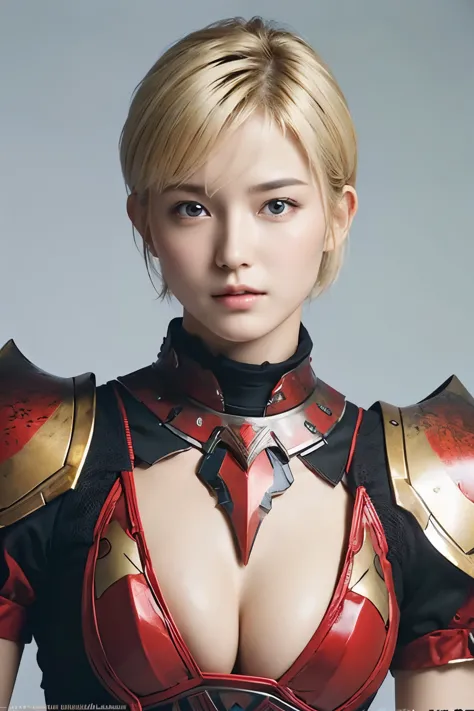 (highest quality:1.2),(perfect beautiful face 1.2),(perfect and beautiful posture:1.2),(Woman warrior:1.2),big and full breasts,Blonde short-cut hair,clear eyes,Wearing beautiful red and black armor