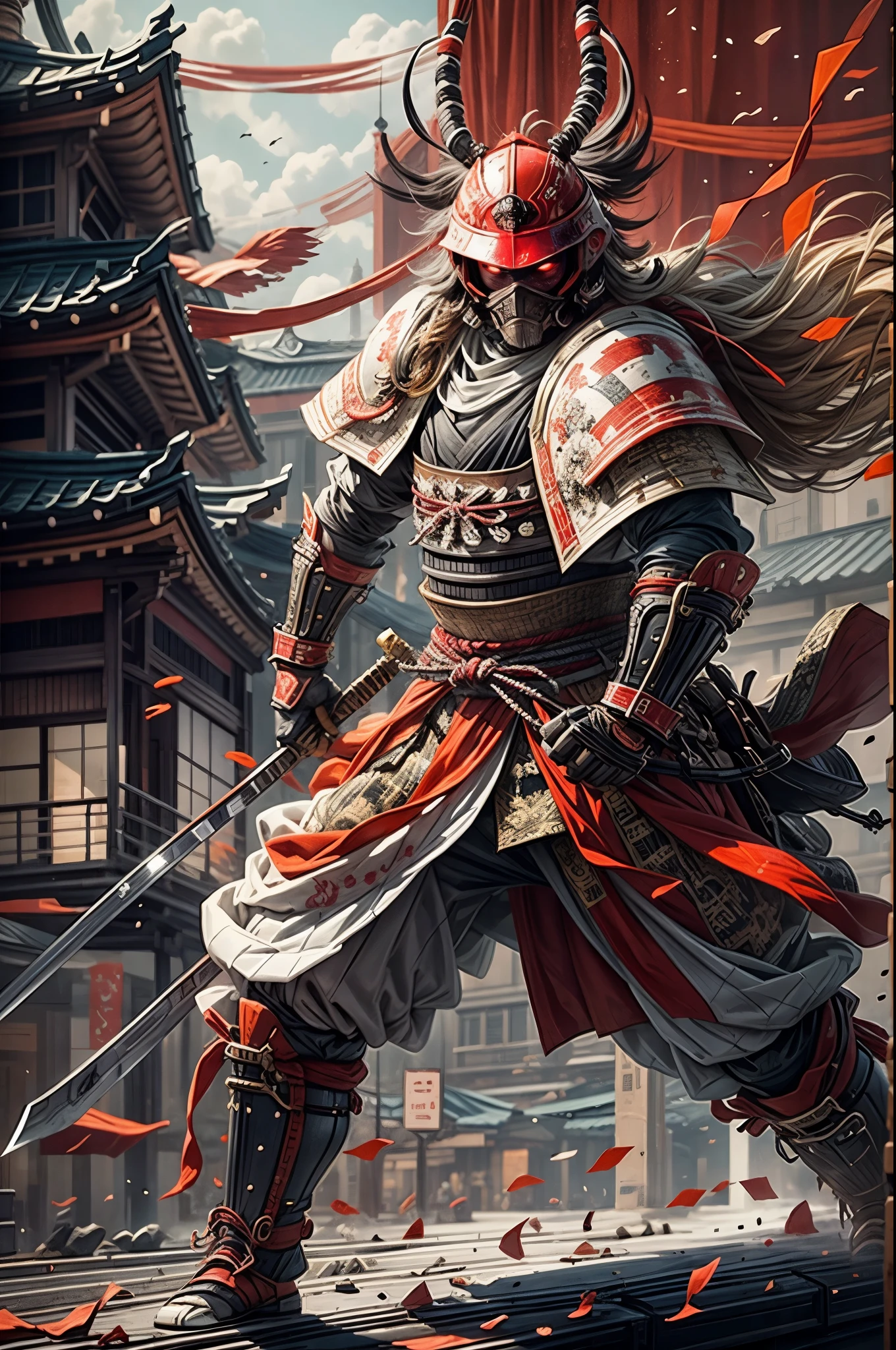 일본 사무라이，사무라이 갑옷，빨강 하양，거대한 칼로，싸우는 자세，카타나 포커스，우주 도시 배경，