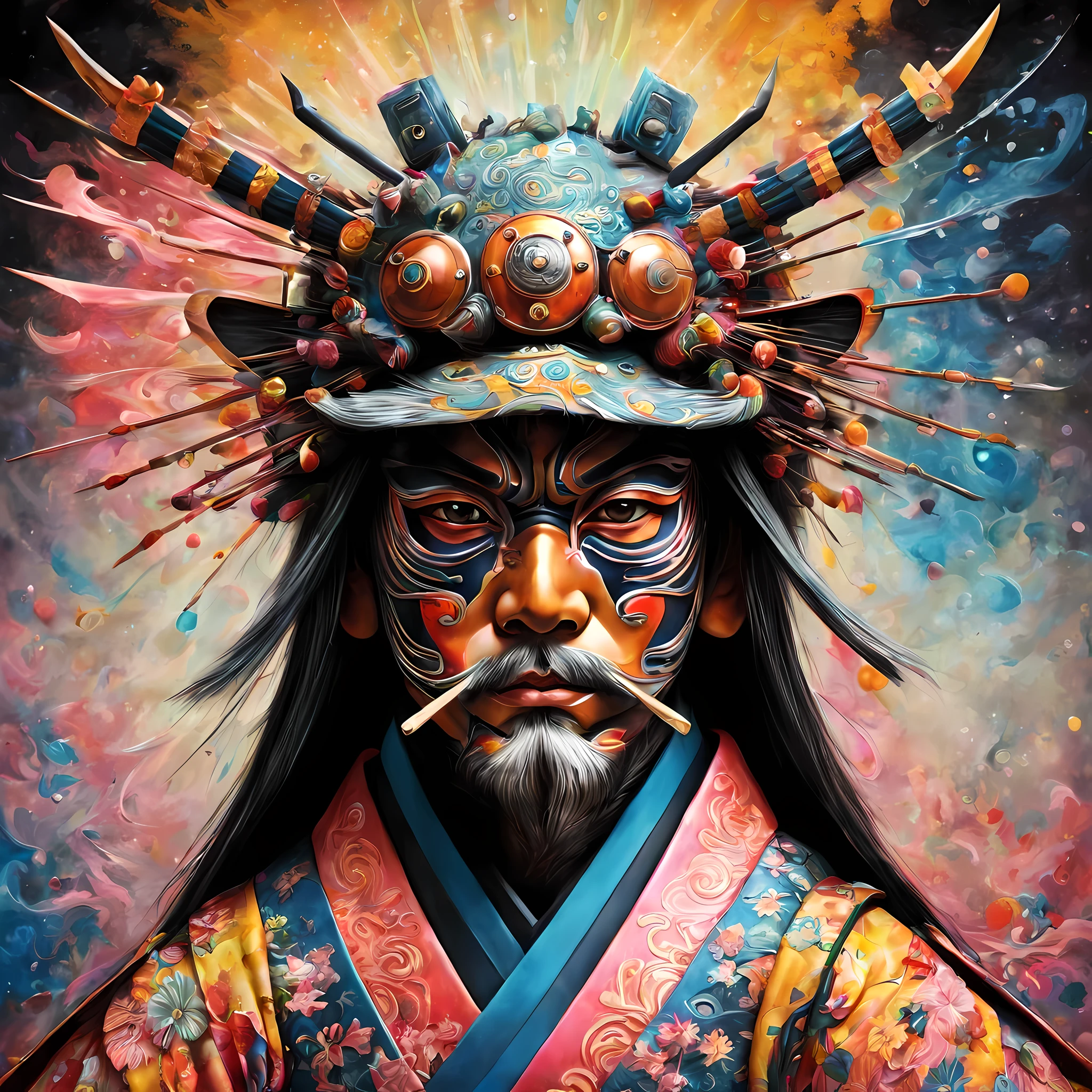 (((Whimsical Samurai Dreams))), a realy realistic and psychedelic work full of flashy and brilliant color. It's textured and twisted dust