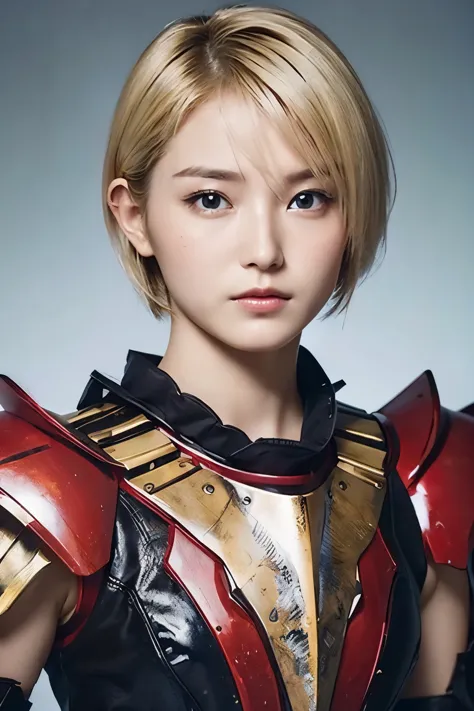 (highest quality:1.2),(perfect beautiful face 1.2),(perfect and beautiful posture:1.2),(Woman warrior:1.2),Blonde short-cut hair,clear eyes,Wearing beautiful red and black armor