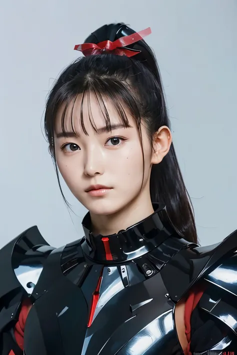 (highest quality:1.2),(perfect beautiful face 1.2),(perfect and beautiful posture:1.2),(Woman warrior:1.2),black hair ponytail,clear eyes,She wears beautiful black armor with a red dot.
