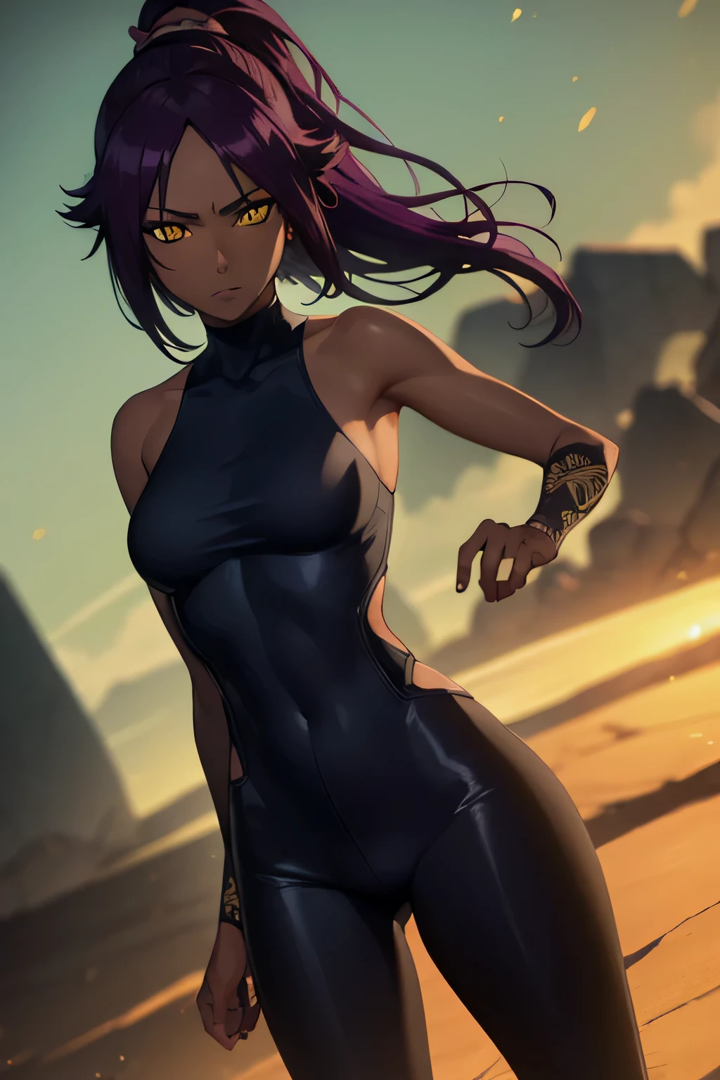 A woman in a black outfit standing on a beach with a sword - SeaArt AI