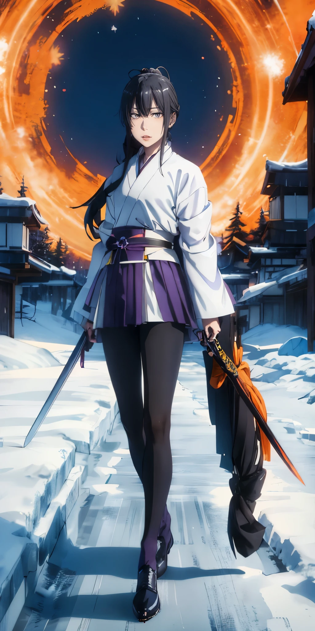 yukinoshita yukino, junges 1 Mädchen, Allein, Sakifuwa, glasige Augen, Sehr langes Haar, Pferdeschwanz, orangefarbene Augen, schwarzes Haar, schwarze Strumpfhose, weißer Samurai-Anzug, lange Leggings, violette Haarsorte, sehr lila langer Rock, hält Doppelschwert, Frosteffekte, frostblau, Frostsäulen, am Berg
