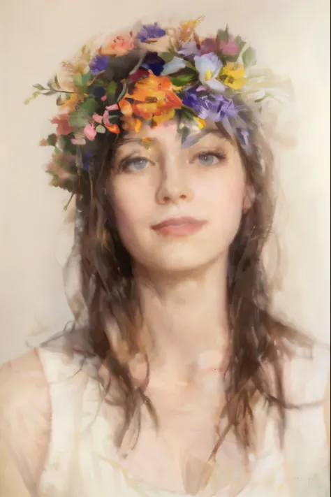there is a woman with a flower crown on her head,masterpiece on canvas in the style of Claude Monet, ClaudeMonet,A middle-aged brunette woman, ssmile, Extremely beautiful, Detailed landscape, Hyper-realistic, Elements of symbolism and surrealism, intricate...