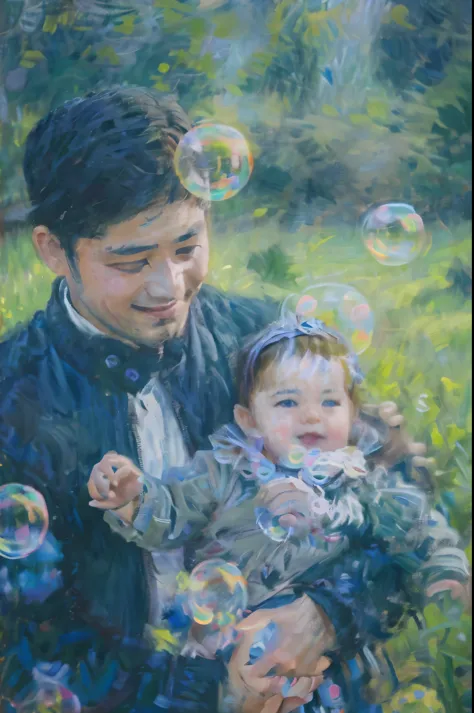 araffe man holding a baby in a park with bubbles, masterpiece on canvas in the style of Claude Monet, ClaudeMonet,A middle-aged brunette woman, ssmile, Extremely beautiful, Detailed landscape, Hyper-realistic, Elements of symbolism and surrealism, intricat...