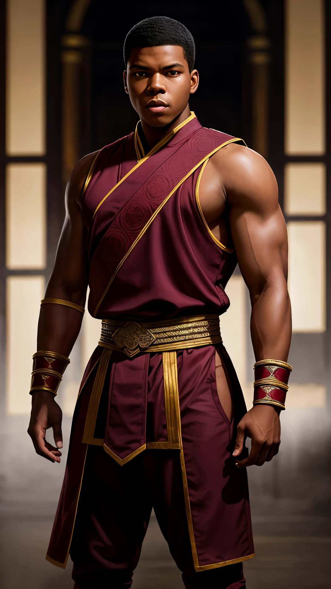 John Boyega as Kai from Mortal Kombat, young, muscular, short hair, maroon headband, wears maroon traditional martial arts outfit, his clothing feature the emblem of the White Lotus Society, in the monastery, intricate, high detail, sharp focus, dramatic, photorealistic painting art by greg rutkowski