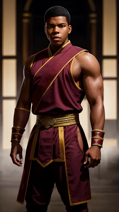 John Boyega as Kai from Mortal Kombat, young, muscular, short hair, maroon headband, wears maroon traditional martial arts outfi...