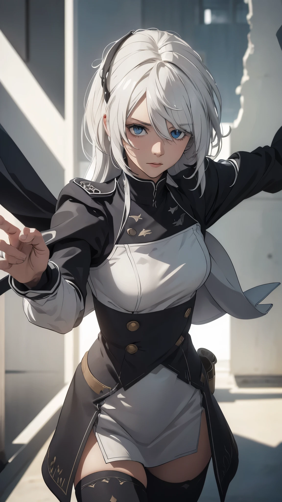 (extremely detailed CG unity 8k wallpaper), (masterpiece), (best quality), (ultra-detailed), (best illustration), (best shadow), (absurdres) ,(detailed eyes), 2b, 1girl, long hair, white hair, solo, Intimidating women, admiral uniform, night, hero pose, white clothes, General Uniform, Military Uniform, Sunlight, exposed to sunlight,commander, fighting pose, wearing cape