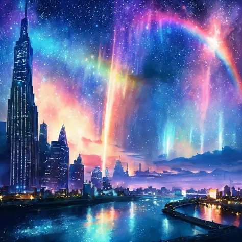 ((1 girl))、Colorful Metropolitan Museum of Art、A painting of a river with stars and the moon in a rainbow sky、met、輝くskyscraper群、shines all over、skyscraper、Concept art inspired by Mitsuoki Tosa、pixiv contest winner、highest quality、fantasy art、beautiful anim...