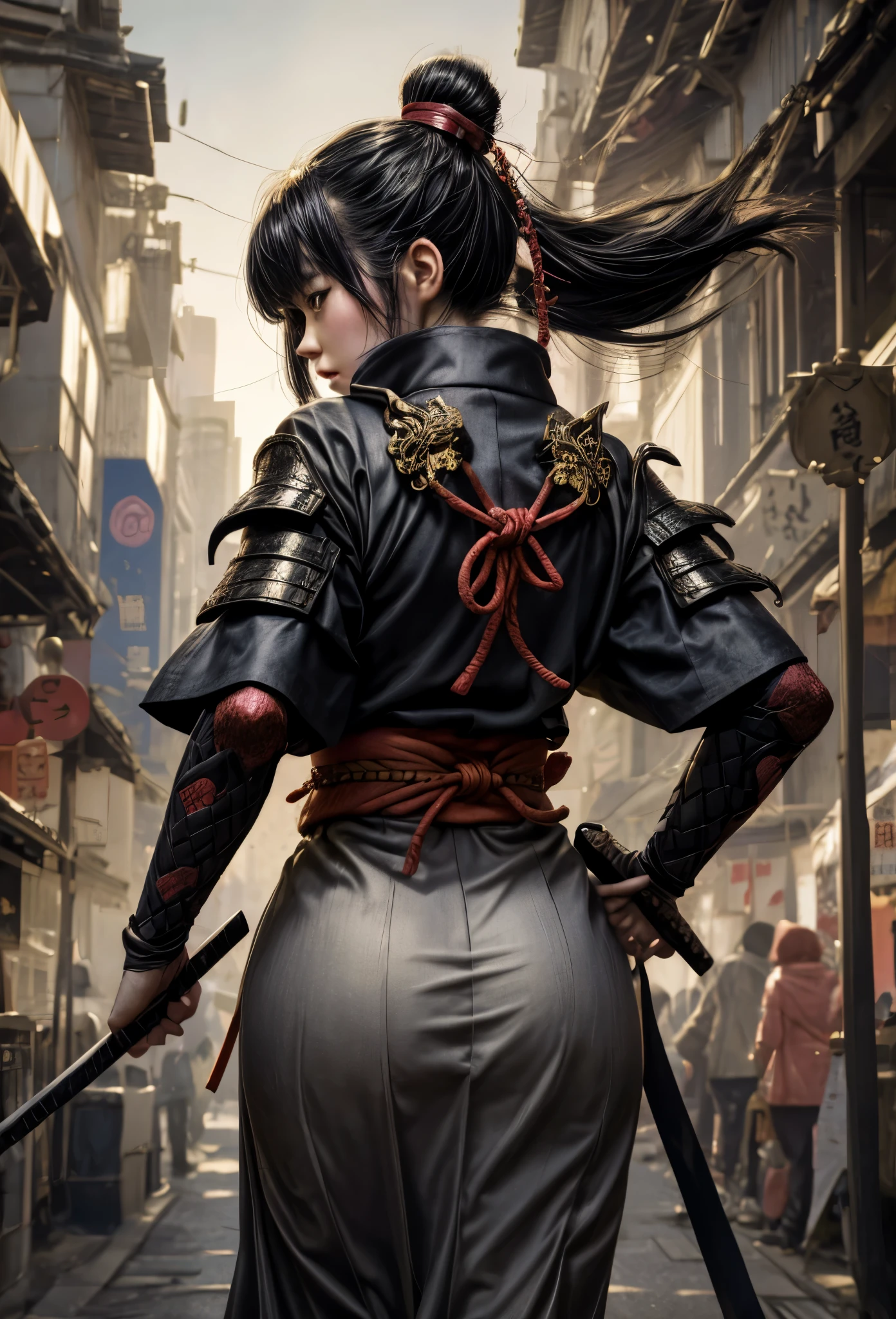 a  heart-touching scene when a beautiful samurai girl warrior, with broken armor and torn clothes, full of scar and blood, sad seeing her comrade death at war