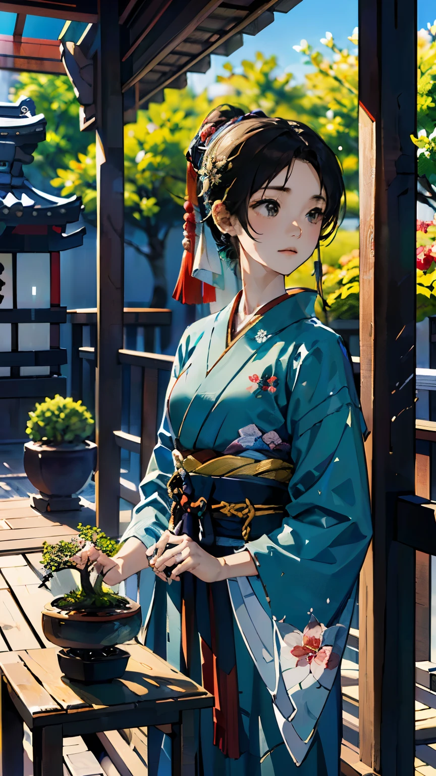 (((Setzen Sie sich auf die Veranda eines alten japanischen Hauses、Bonsai wird im Garten ausgestellt:1.1)))、Ein Mädchen、Perfekte Anatomie、malerisch、Sanfter Ausdruck、sehr empfindlich、Balkon、verandah、Blumen-、Feine Darstellung、abstrakt、Gesamtlichtfarbe、Sanfte Farbe、Japanische Kleidung、sowie、Taisho-Romanze、(Meisterwerk、höchste Qualität、höchste Qualität、offizielle Kunst、schön schön:1.2)