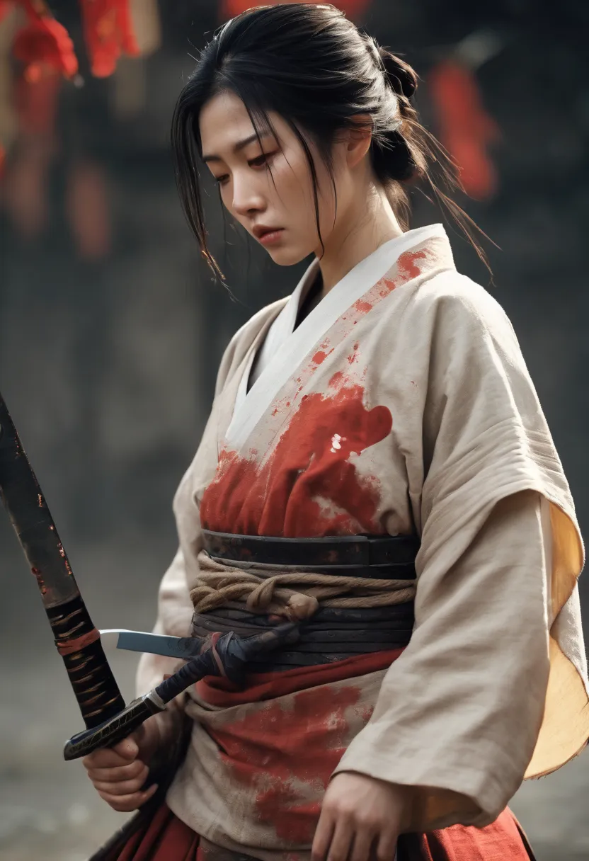 a  heart-touching scene when a beautiful samurai girl warrior, with broken armor and torn clothes, full of scar and blood, sad s...