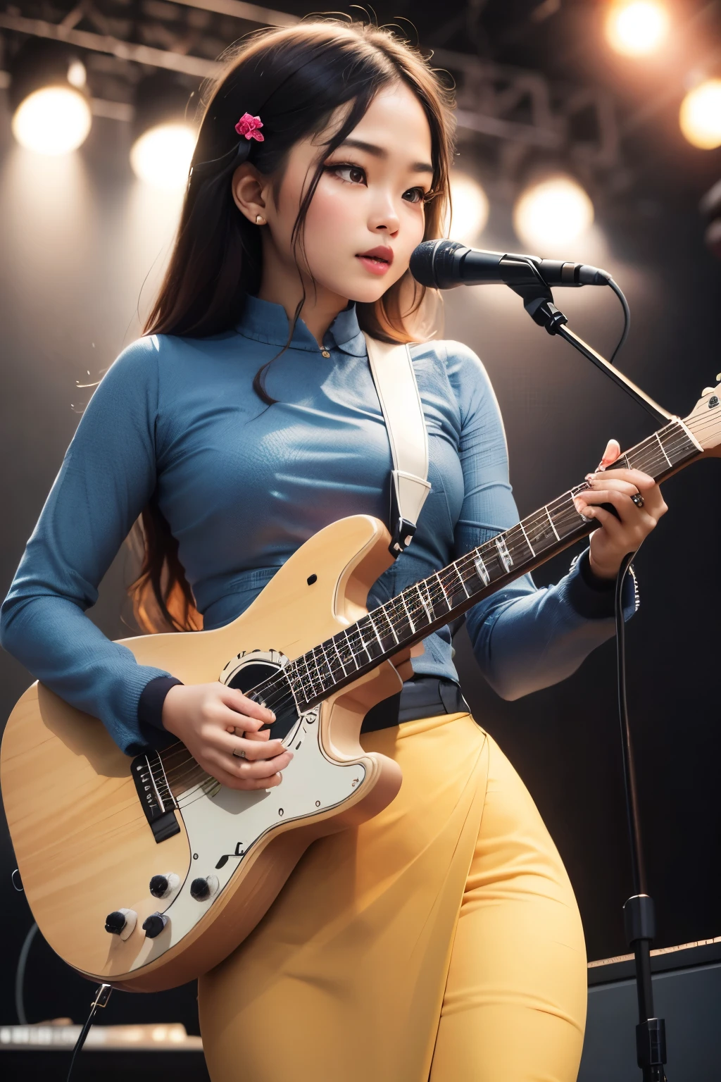 masterpiece, best quality, ultra detailed, high resolution, 1 girl, Burmese girl, playing guitar, electric guitar, stage background, golden hour setting, 8k, (acmm ls outfit, wearing acmm top, yellow acmm top, long sleeves, wearing acmm long skirt, dark blue acmm long skirt, printed skirt).