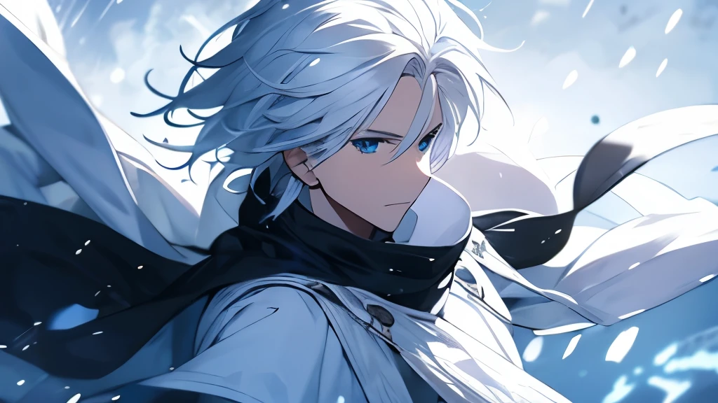 a male with a white hair and white and blue outfit and in a black and white background, (1girl:0.872), (white hair:0.758), (blurry:0.926), (blurry background:0.703), (blue eyes:0.562), (depth of field:0.625), (backlash hair:0.855), (outdoors:0.541), (blue scarf:0.989), (snow:0.925), (solo:0.886), (upper body:0.683)