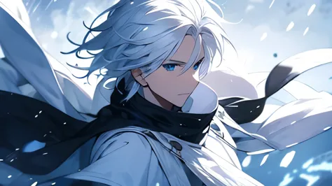 a male with a white hair and white and blue outfit and in a black and white background, (1girl:0.872), (white hair:0.758), (blur...