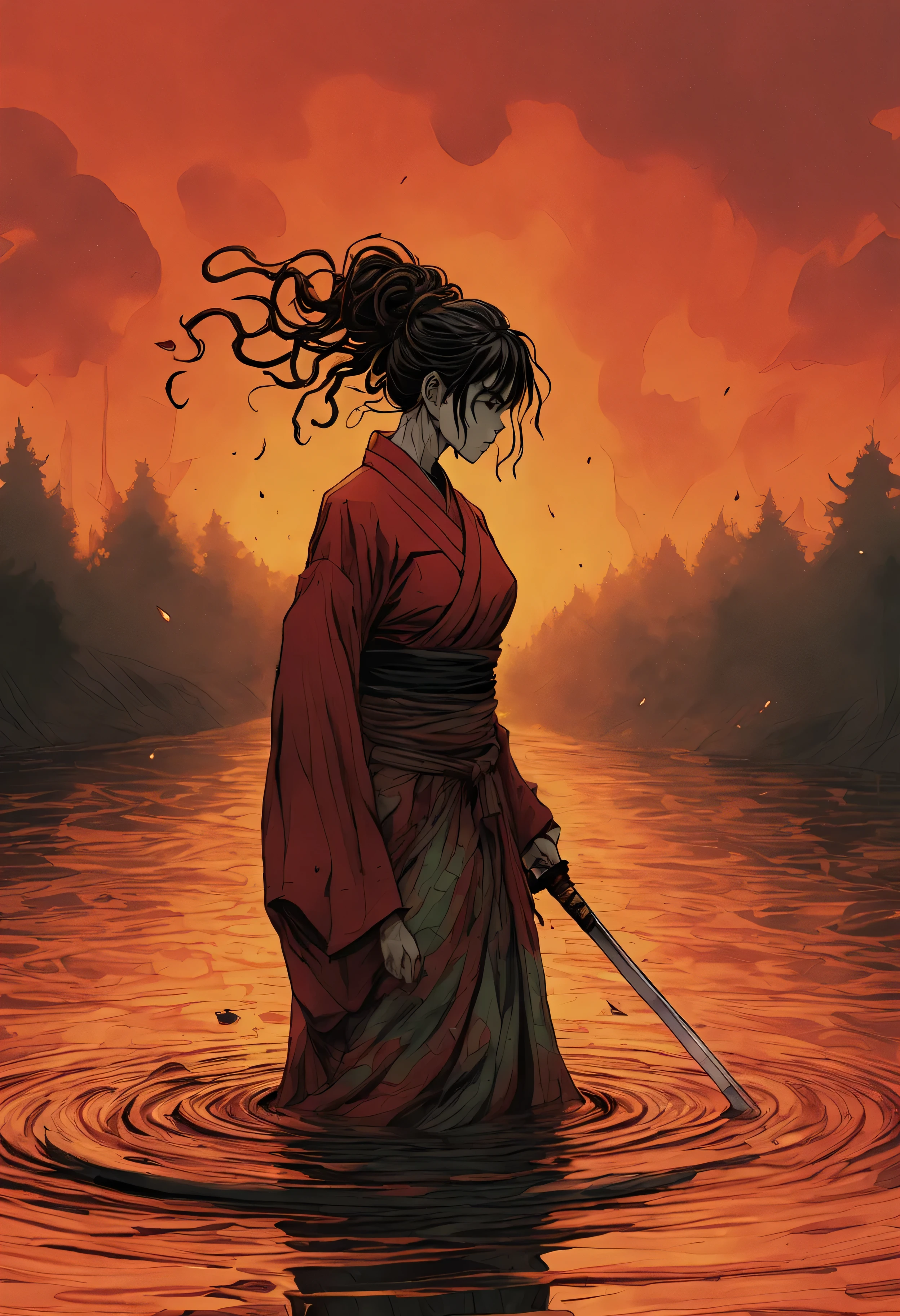 wortlos, Rotoskopie, Hyperrealismus, animierte Cel, handgemalt, satte Farbkorrektur, Tiefenschattierung, Splashpage dekomprimierter Comic, Abbildung, auf Feuer und Flamme glühend heiß Samurai (greifende, schwingende Chisa-Katanas) (Takashi Okazaki vermischte den Gonzo kk-Kunststil), schreiender Samurai, wütend, glühend vor Feuer, leere Augen, Feuer kommt aus Augen und offenem Mund, Sitzen am Rand der Brücke, Düsternis, verzweifeln, Regen, Platzregen, looking at water ripples from Regen on water flowing below bridge, Meisterhandwerksnuance, subtile, geschickte Details, nahtlos, Zusammenhalt, Geisterfotografie, verflucht, Creepypasta, surreal, abstrakt, Unbekannt, strange, seltsam, seltsam, Intensiv, harsch, Zu real, unterschwellige Candle Cove Ästhetik, beunruhigend, überwältigende Angst, Phobie, Schwer, subtile minimale Roygbiv Technicolor in der Wasserreflexion Wellen schimmern wie goldene Schnitt Ambrosia

