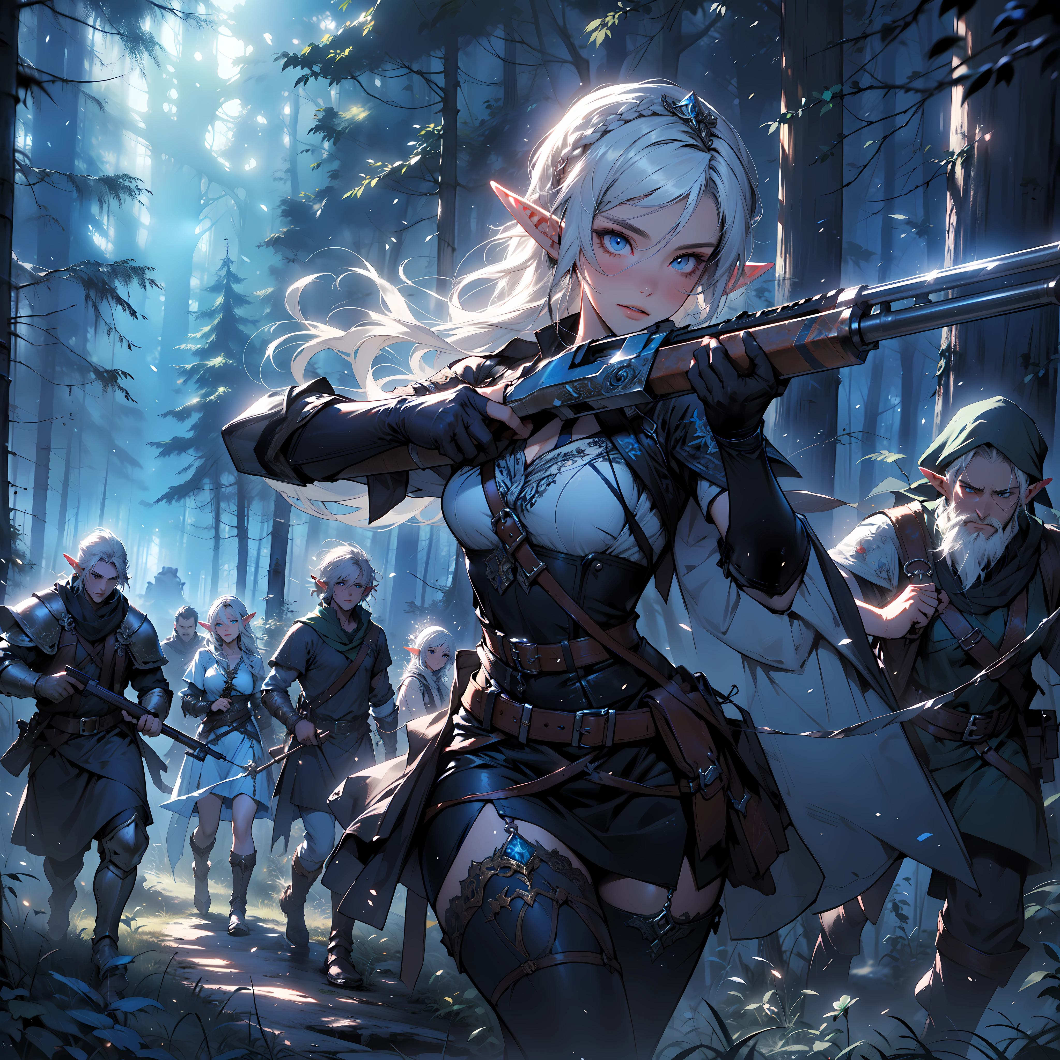 A scene unfolds with an elf girl wielding a shotgun in hand, her white hair and blue eyes shining amidst the mystical forest backdrop. She leads an expedition alongside a group of humans and dwarves, all clad in knight gear, (forest expedition), Dynamic pose, (shotgun in hand), (group of adventurers), (knight gear attire),(adventurous atmosphere), cell shading, 8k, cinematic dramatic atmosphere, Cinematic lighting, by Mikimoto Haruhiko, by Yoshitaka Amano. BREAK,

perfect face, details eye, ((elf:1.4)), (1girl), (hairstyle:1.6), (messy hair), (white hair), Plump lips, blue eyes, medium breast.