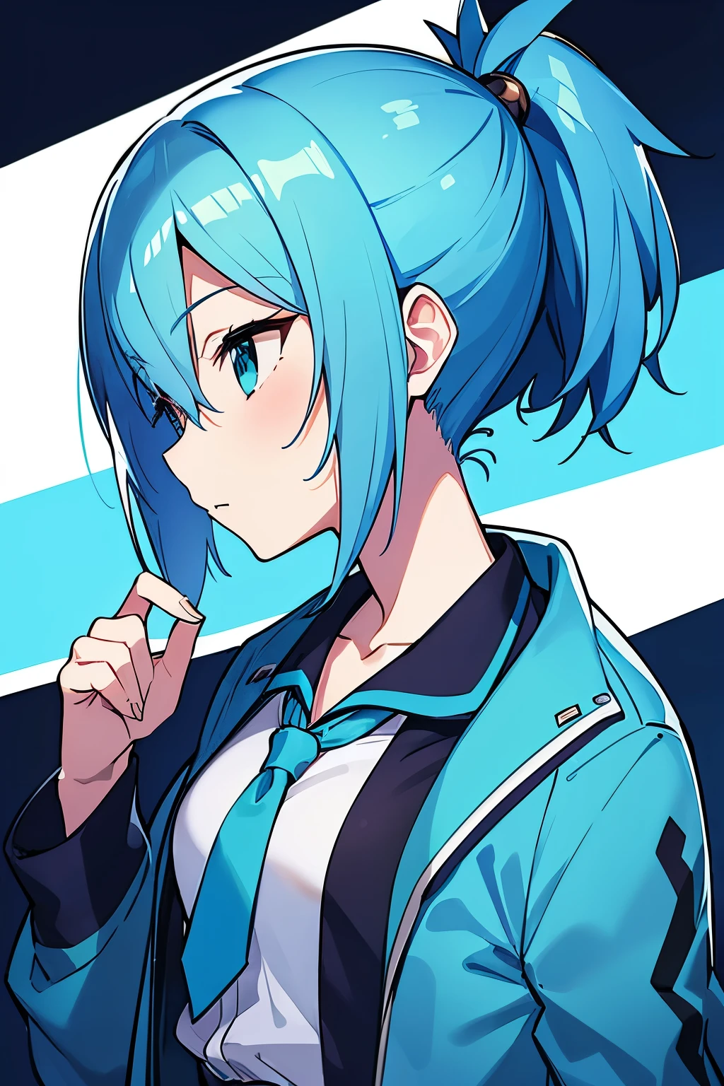 Drawing of a girl with blue hair and a blue jacket, rimuru, 2 d anime style, profile shot of rimuru tempest, rimuru tempest, 2 D Anime, Fubuki, full face shot of rimuru tempest, short hair, Anime girl with teal hair, 2d art, 2 d art, Ponytail Girl, Blue tie, White shirt, Indigo Jacket, Brown belt at waist,she wear blue jeans.