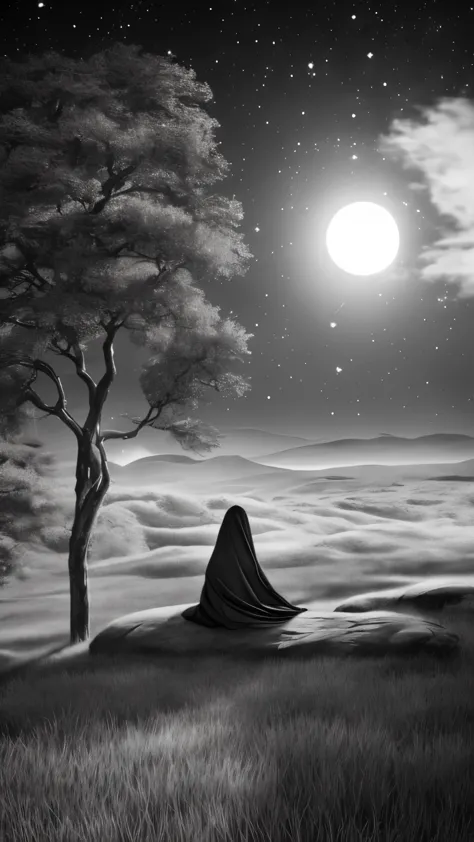 (best quality,4k,8k,highres,masterpiece:1.2),ultra-detailed,(realistic,photorealistic,photo-realistic:1.37),hijab girl,sitting on a big stone,facing a gigantic moon,black and white effect,beautiful detailed eyes,beautiful detailed lips,extremely detailed f...