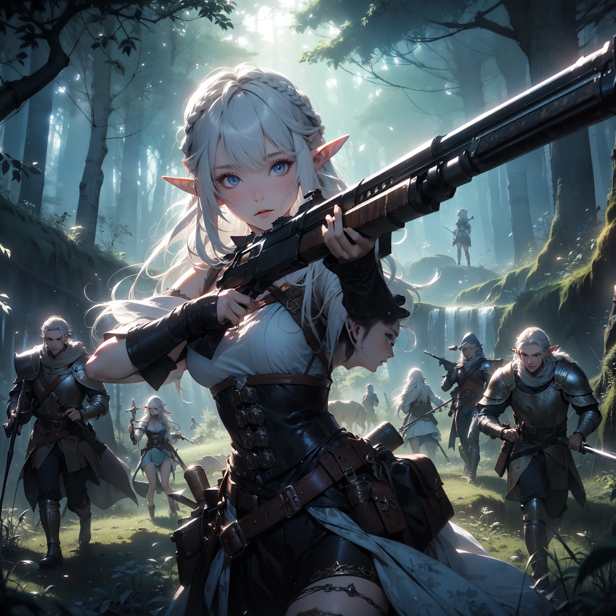 A scene unfolds with an elf girl wielding a shotgun in hand, her white hair and blue eyes shining amidst the mystical forest backdrop. She leads an expedition alongside a group of humans and dwarves, all clad in knight gear, (forest expedition), Dynamic pose, (shotgun in hand), (group of adventurers), (knight gear attire),(adventurous atmosphere), cell shading, 8k, cinematic dramatic atmosphere, Cinematic lighting, by Mikimoto Haruhiko, by Yoshitaka Amano. BREAK,

perfect face, details eye, ((elf:1.4)), (1girl), (hairstyle:1.6), (white hair), Plump lips, blue eyes, medium breast.