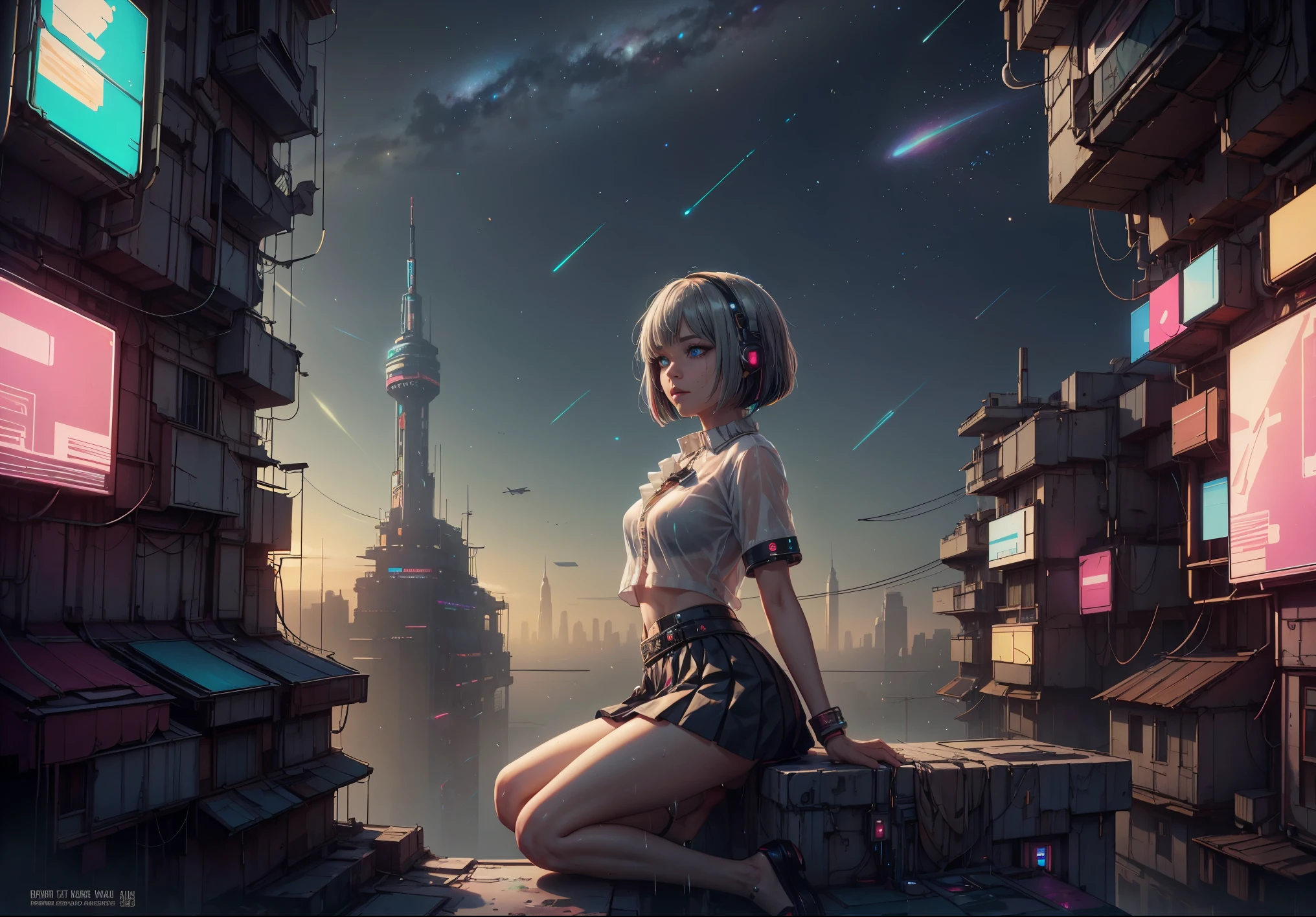 (realism), a girl sitting legs dangling on a edge roof ledge), (rain drop), (sweat see through white frilled shirt:1.3), (pleated skirt:1.3), (rainy city), (dusk, the milky way in the sky:1.45), (small breasts), photoreal, (beautiful sky, starry), (masterpiece), (soaking wet), (sexy:1.3), (cyberpunk slums:1.5), (cyberpunk slums on top), (cyberpunk 2077), beautiful neon city, ((gray hair, multicolored eyes, multicolored hair, bob cut, short hair with long strands))