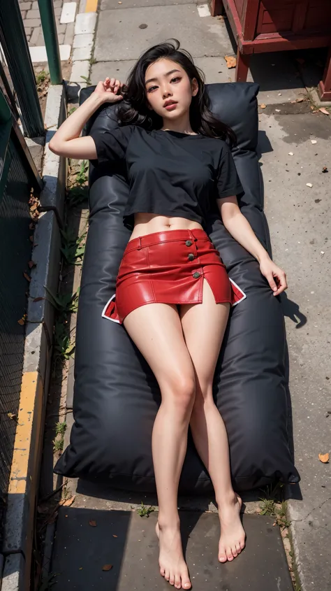 asian girl laying down in ally, wearing torn red mini skirt 