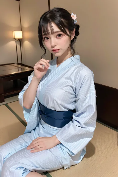 (night:1.7), east asian architecture, 1 female,sitting on the tatami, ブルネットcolorの髪，（eyeの間の毛）, lip flap, ,beautiful fingers,beautiful long legs,beautiful body，cute nose，beautiful character design，Flawlessエース、Flawless，looking at the viewer，（innocent_big_eye：...