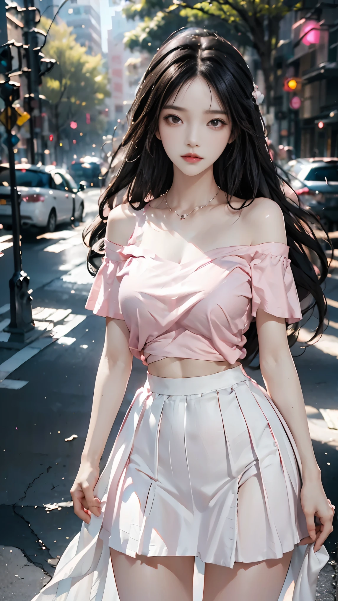 1girl, look at viewer, standing, in park, black hair, hair bang, hairstyles, in the style of pink e and light off shoulder t-shirts, abs stomach, skirt, dreamy and romantic compositions, white, playful arrangements, fantasy, high contrast, ink strokes, over exposure, pink and white tone impression, attractive pose,