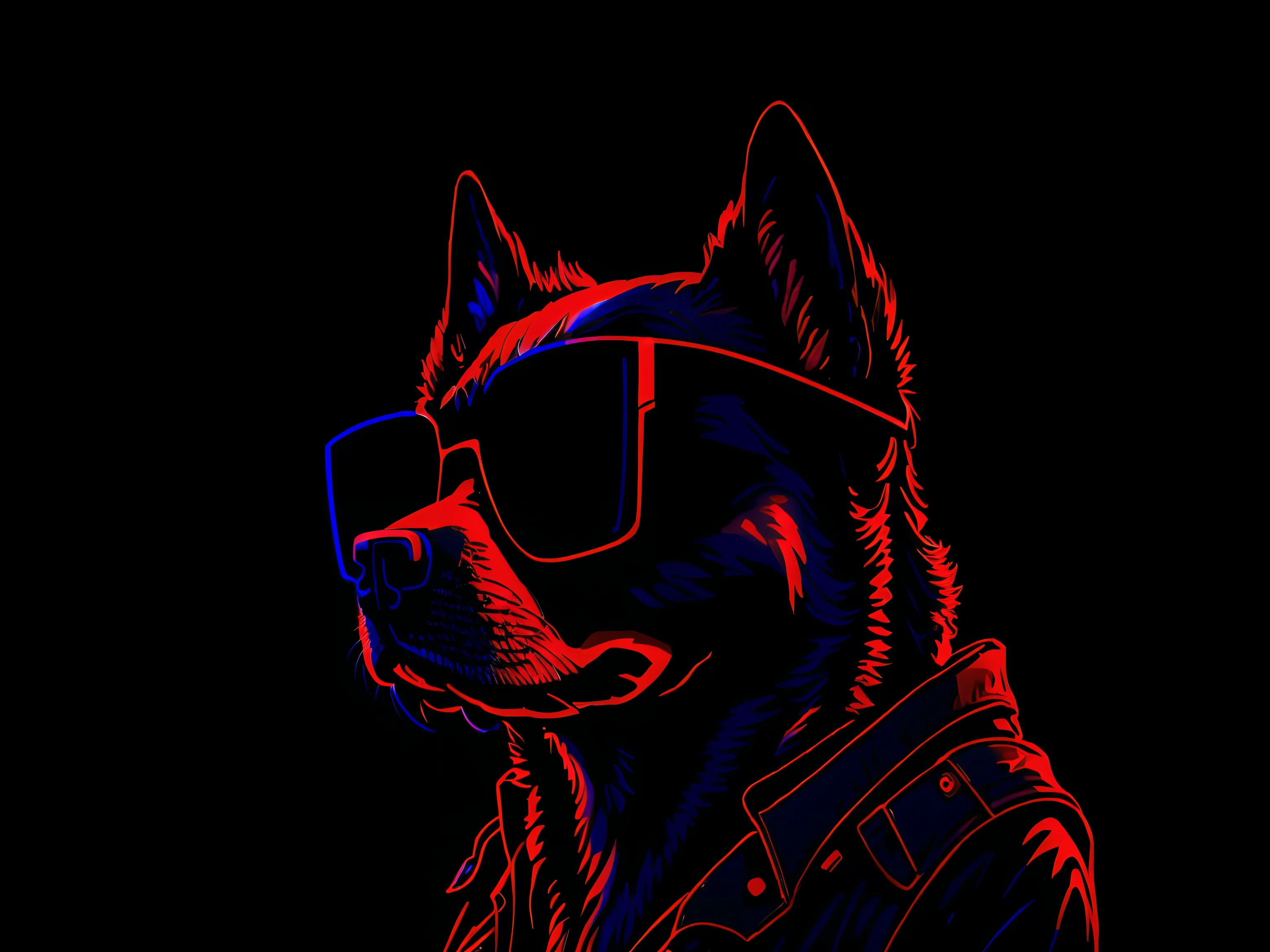 a close up of a dog wearing sunglasses on a black background, phone wallpaper hd, synthwave art style, hd phone wallpaper, looking heckin cool and stylish, furry digital art, red and blue neon, neon art style, husky in shiny armor, synthwave art style ]!!, in style of digital illustration, flat synthwave art style, phone wallpaper