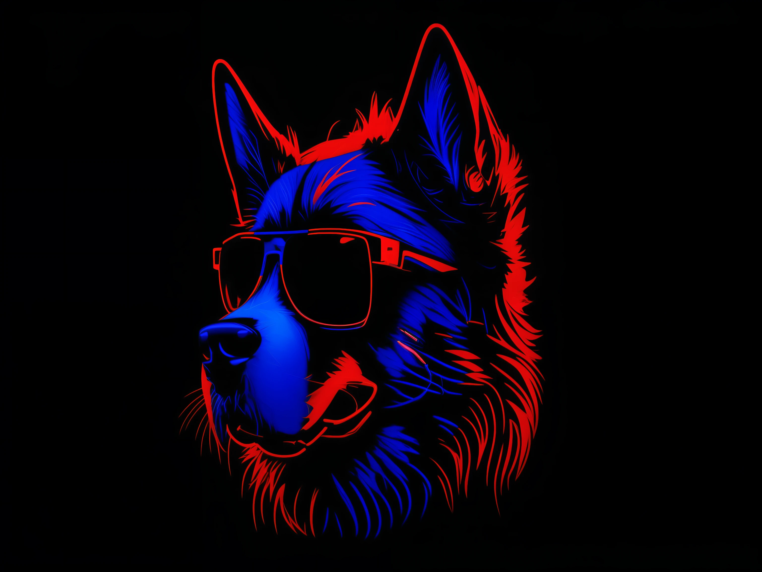 a close up of a dog wearing sunglasses on a black background, phone wallpaper hd, synthwave art style, hd phone wallpaper, looking heckin cool and stylish, furry digital art, red and blue neon, neon art style, husky in shiny armor, synthwave art style ]!!, in style of digital illustration, flat synthwave art style, phone wallpaper
