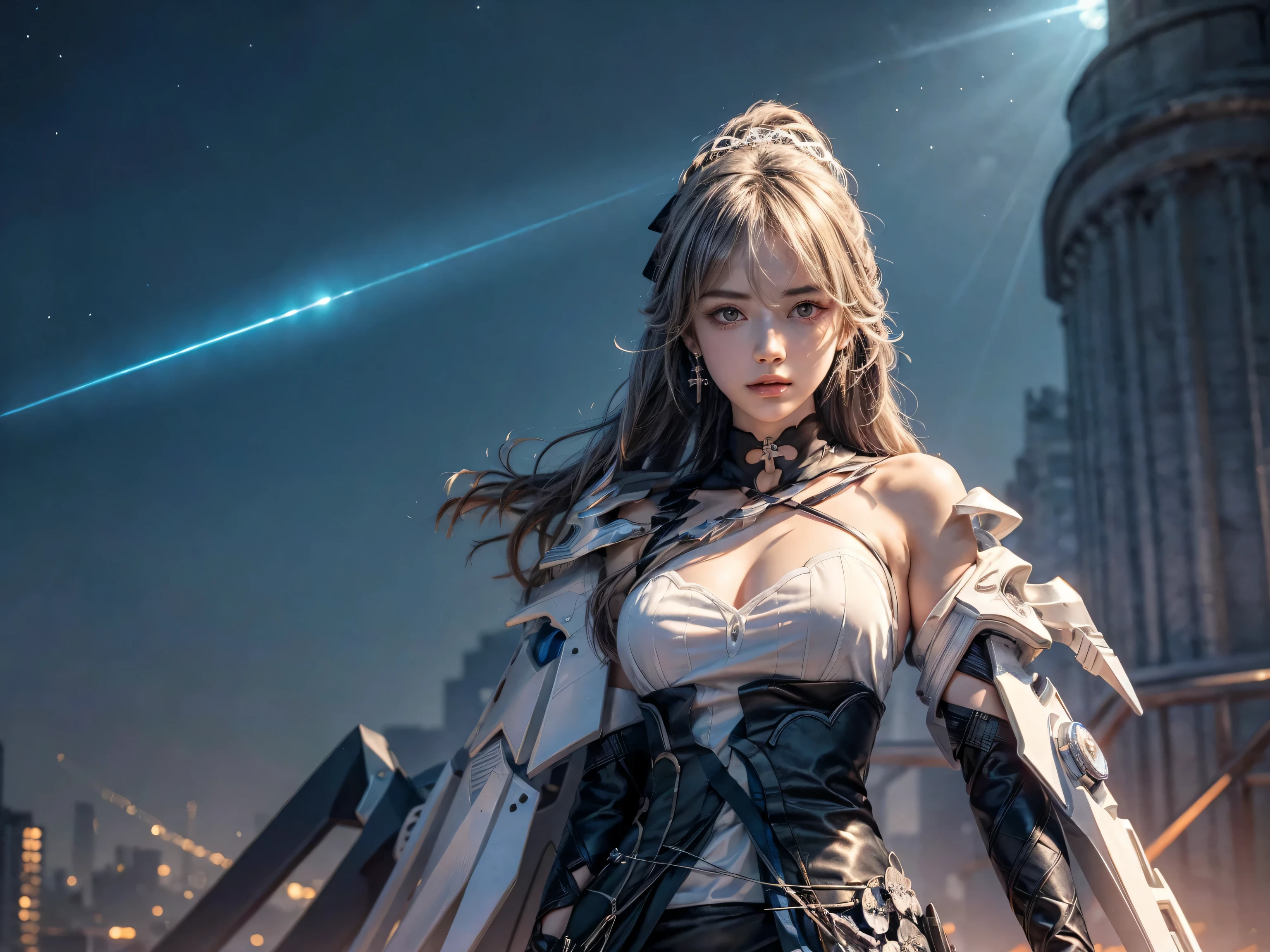 (Best quality, 8k, 32k, Masterpiece, UHD:1.2), ((ultra-detailed)), extremely beautiful, ((beautiful detailed cinematic light: 1.3)), (extremely detailed CG unity 8k wallpaper:1.3), 1girl, solo, bronya zaychik (silverwing n-ex), 20 years old, long hair, grey hair, bangs, grey eyes, earrings, drill hair, twin drills, hair between eyes, perfect breasts, hair ornament, mecha musume, mechanical arms, headgear, Mecha wings, Laser Cannon on hand, starry sky,skyline, cowboy shot, depth of field, focus on character, detailed face, detailed body, look at viewer,