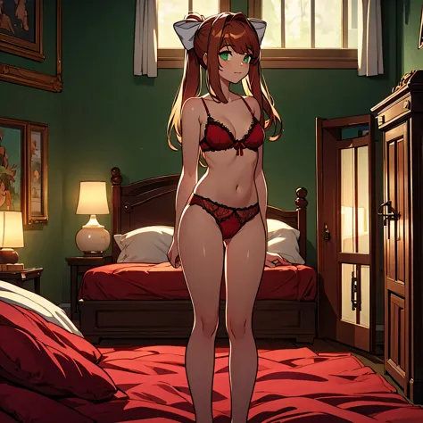 Monika dentro de um quarto detalhado, she has green eyes she is wearing red lingerie, buceta detalhada