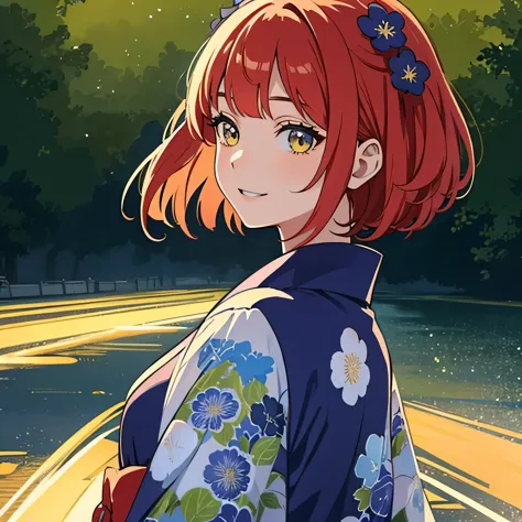 1 girl,Redhead Bob Cut、long bangs、eyes are blue、Springy yellow floral kimono 、dull smile、facing you from the front、profile,In 8K...