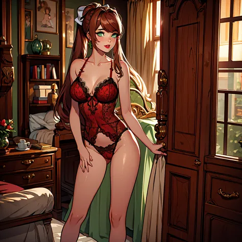 Monika dentro de um quarto detalhado, ela tem olhos verdes, she is wearing red lingerie, detailed pussy lips