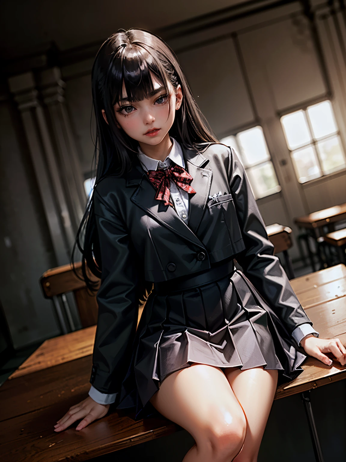 Angry young girl in school girl uniform at the end of a big table in the middle with a birthday cake, surrounded lots of men in black suits who are at the table drinking and smoking with guns & weapons.