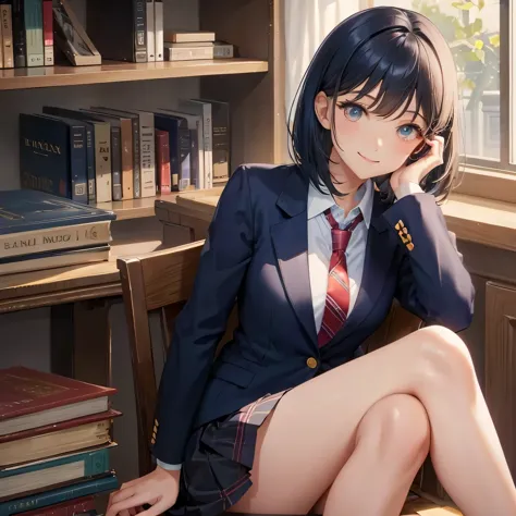 1 high school girl　alone　blazer　tie　bob hair　dark blue hair color　library　smile gently　sit cross-legged　bookshelf