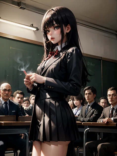 Angry young girl in school girl uniform at the end of a big table surrounded lots of men in black suits who are at the table dri...